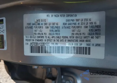 2012 Mazda Cx-9 Sport z USA, uszkodzony, nr VIN JM3TB3BV1C0351920